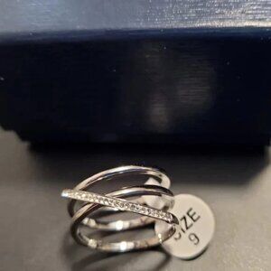 QVC Steel By Design Multi-Row Crossover Pave Ring, Size 9, New